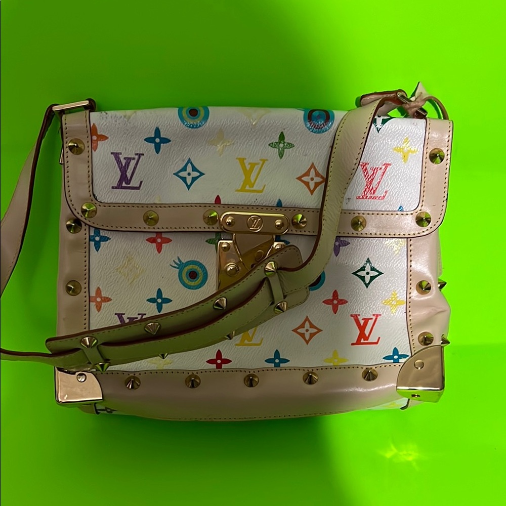 Multicolor Monogram White Leather Shoulder Bag with Gold Hardware